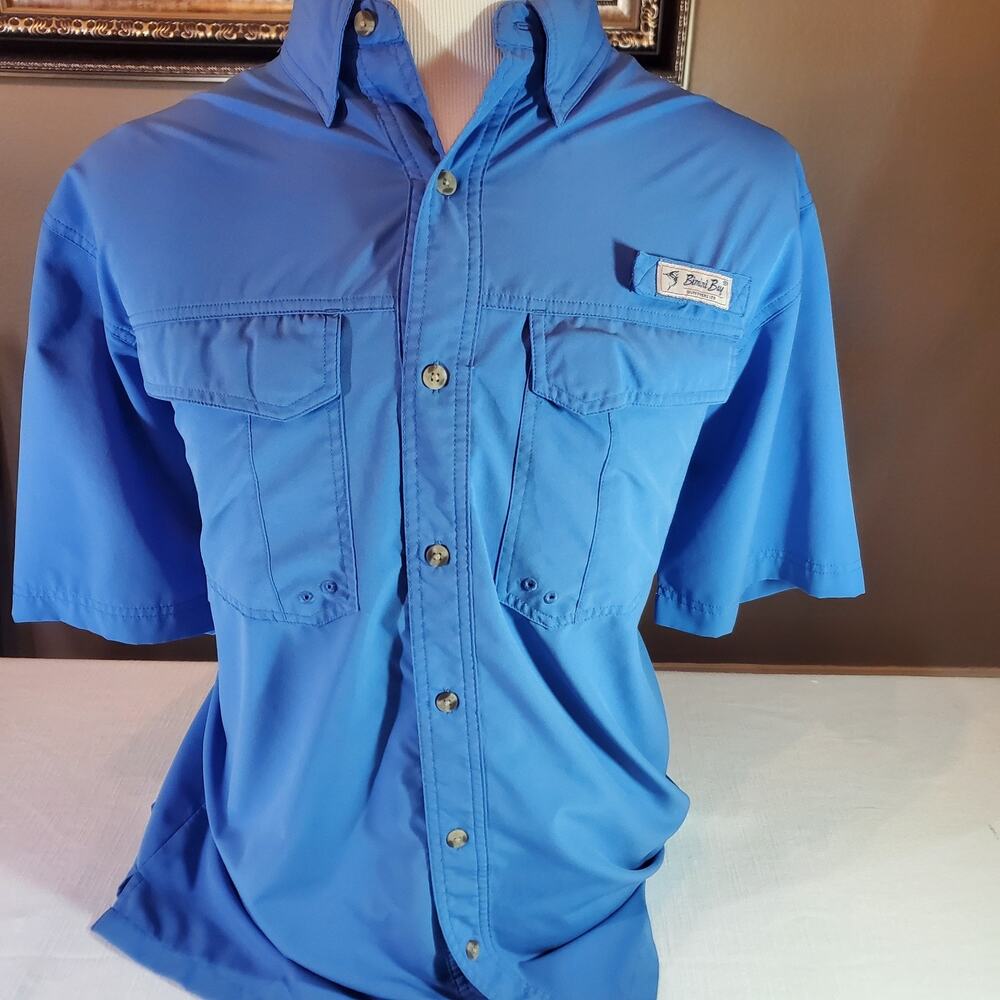 Bimini Bay Mens Fishing Shirt Short Sleeve Button Up Light Blue Size Large L Top